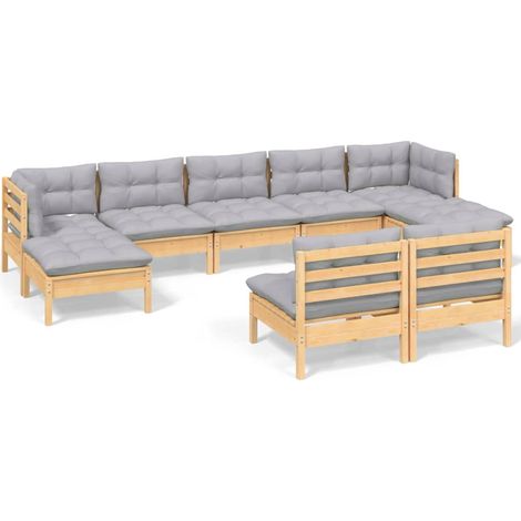 Maison Exclusive - Set Divani da Giardino 9 pz con Cuscini Grigi Massello di Pino (1/5)