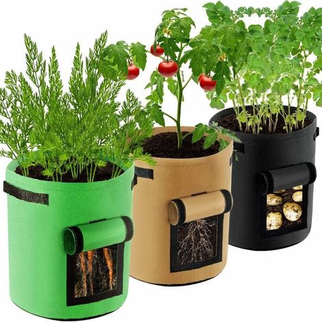 Pflanzsäcke, 3er-Packung, Vlies-Pflanzsäcke mit Griffen, atmungsaktiv und robust, für Kartoffeln, Erdbeeren, Blumen und Gemüse – Fei Yu (1/4)