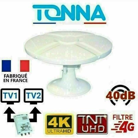 Antenne TV TNT extérieure omnidirectionnelle 40 dB – 2 sorties TV – Amplificateur intégré – Installation sur mât ou véhicule – M-E