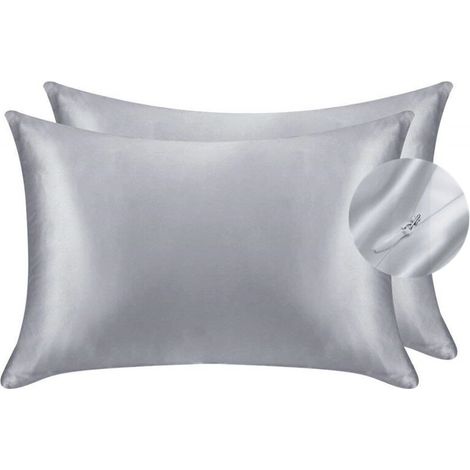 Lot de 2 Taie d'oreiller imitation soie - pour Les Cheveux et la Peau - 19 mm de des Deux côtés. Gris Argenté. Standard 50x75cm -INHHUB (1/4)