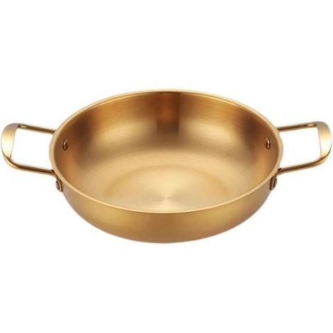Cette poêle de 24 cm en acier inoxydable plaqué or, dotée de deux poignées, est idéale pour la cuisson de la paella et des soupes. (1/5)