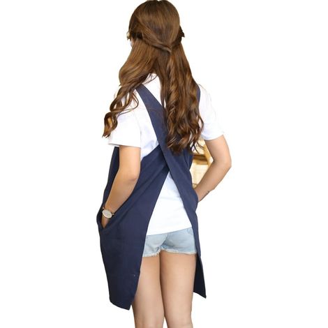 Tablier en coton doux et lin - Couleur unie - Style japonais - En forme de X - Cadeau pour femme - Pour une pendaison de crémaillère (1/4)