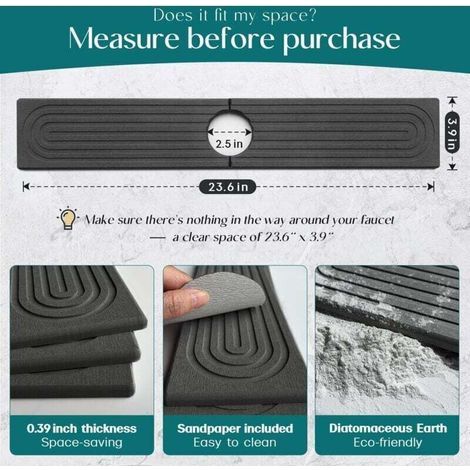 Protection anti-éclaboussures pour robinet d'évier de cuisine en diatomite, 61 cm, plateau d'évier de séchage en pierre soignée, moderne, tapis absorbant pour comptoir de cuisine (gris foncé, 60 x 10 (1/4)