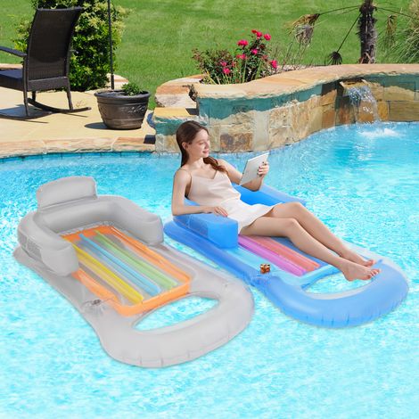 Bouée Gonflable Piscine Adulte, 2 Pièces Matelas Gonflable Piscine avec Appui-Tête et Porte-Gobelets, Bouée Flottante pour Bronzage, 161×84cm Chaise Flottante Gonflable pour Plage et Piscine