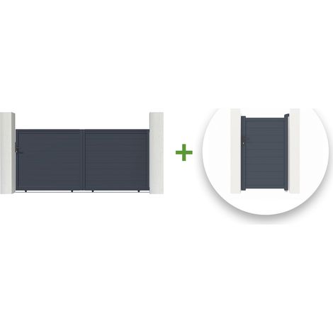 Pack puerta corredera 3.5m EIGER 350 x 160 cm + puerta peatonal EIGER 100 x 160 cm Gris (1/5)