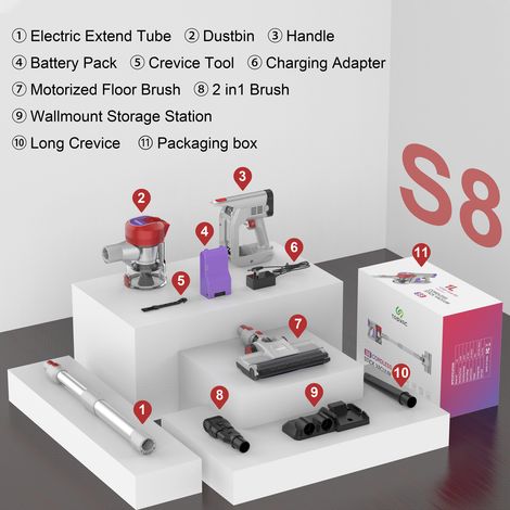 Aspirateur balai sans fil TASVAC S8 Rouge, écran LED, brosse douce rotative, puissant, léger, pour sols durs et tapis, batterie longue durée (1/5)