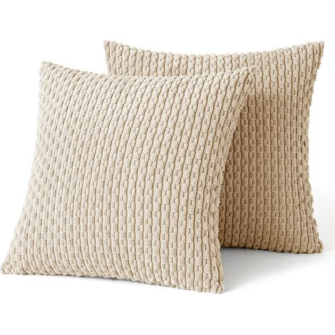 Lot de 2 housses de coussin décoratives en velours côtelé doux, style bohème à rayures, pour canapé, lit ou salon, 61 x 61 cm, couleur beige.