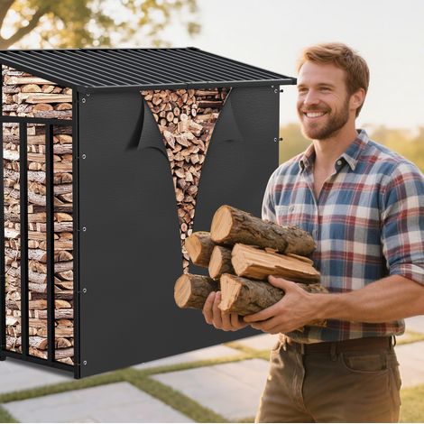Jiubiaz Porta legna in acciaio zincato Kaminholzregal Nero 185 x 70 x 185 cm Garten Grande capacità Resistente alle intemperie