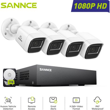 SANNCE 1080P Kit de Videovigilancia Exterior,4 Cámaras Bullet Detección Movimiento Visión Nocturna Sistema Cámara de Seguridad,1TB (1/5)