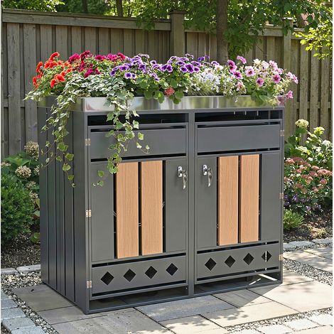 Caseta para cubos de basura 132x80x124,5 cm acero gris con jardinera – MEUBLIV (1/5)