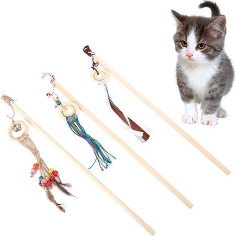 Zerodis 3-teiliges interaktives Katzenspielzeug, Katzenangeln, Kittenspielzeug, Katzenstab mit kleiner Glocke zum Trainieren, Jagen und Spielen mit Katzen (1/5)