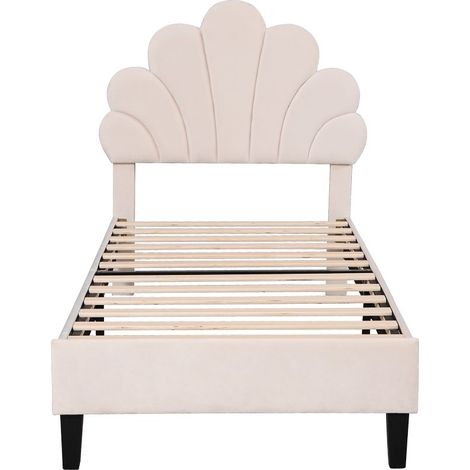 Letto imbottito beige per bambini 90 x 200 cm, struttura con testiera e doghe floreali, in tessuto velour delicato sulla pelle (1/5)