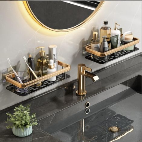 Duschregal - Ohne Bohren - Space Aluminium, Rostfrei, Schwarz Gold - 13×30×5,5 cm - 2er Set (1/4)