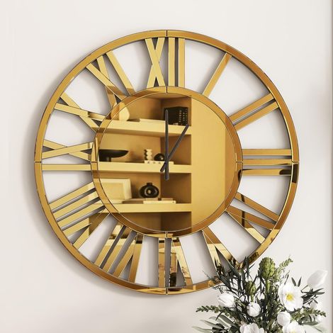 Horloge Murale de Salon Moderne, Grande Pendules Murales Miroir Ronde, Silencieuse Alimentée par Piles, Chiffres Romains, pour Salon Bar Cuisine Bureau - Dimensions: Ø 80cm, Or (1/5)