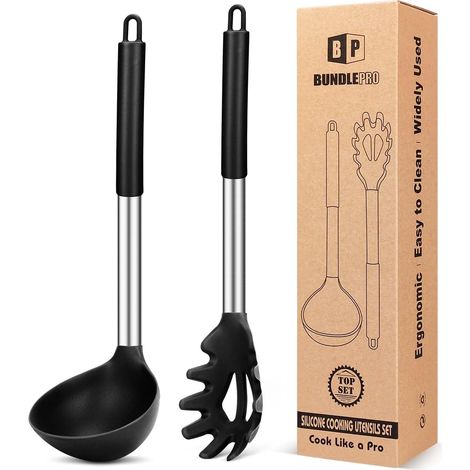 Ensemble Ustensiles Cuisine - 2 Pièces - Silicone Acier Inox - Antiadhésif Résistant Chaleur - Pâtes Soupe Sauce - Noir (1/5)