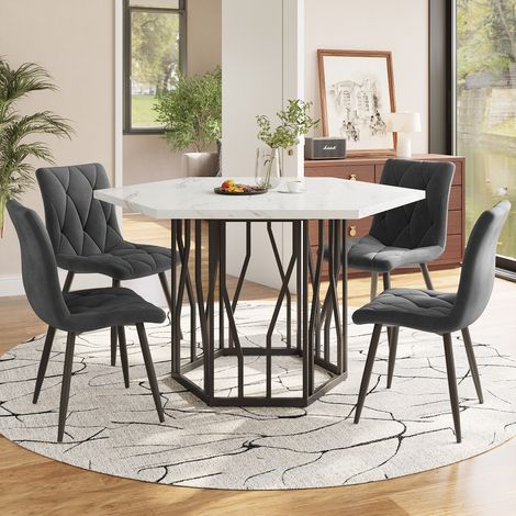 Esszimmertisch und Stühle-Set (5-teiliges Set), moderner sechseckiger Marmor-Esstisch + 4 graue Samt-Esszimmerstühle, um ein warmes und modernes Restaurant zu schaffen