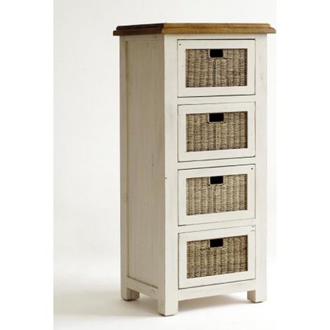 Chiffonnier en pin massif de 4 tiroirs en rotin, blanc / miel - L.58 x H.127 x P.45 cm -PEGANE-