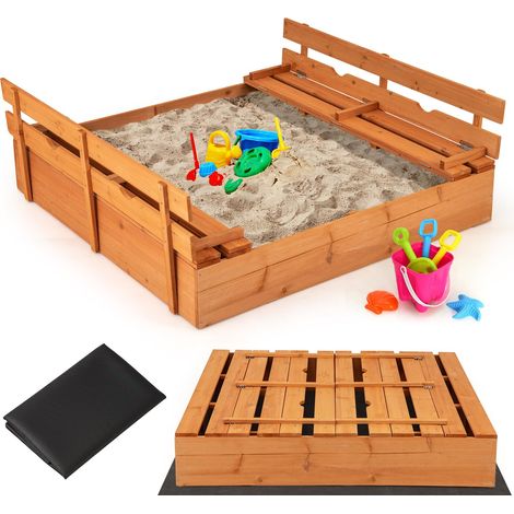 COSTWAY Sabbiera per Bambini in Legno, Sabbiera da Esterno con Coperchio, 2 Panchine con 4 Sedili Larghi e Schienali, Sabbonaia per Giardino, Patio e Cortile, 125 x 118 x 42,5 cm (1/5)