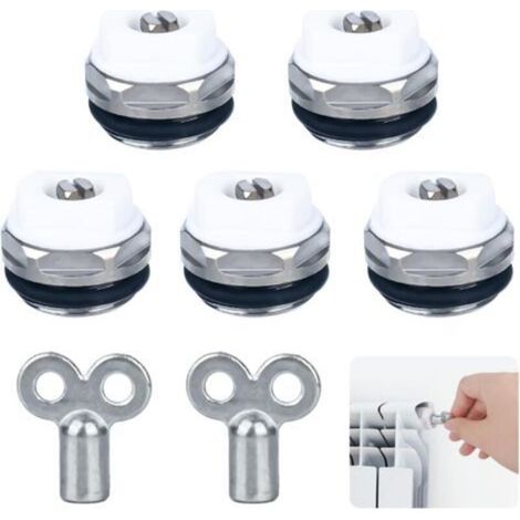 Lot de 5 valves de purge de radiateur avec 2 clés de purge 1/2" en laiton nickelé - Valve de purge de chauffage manuelle - Valve de chauffage - Valve de purge - Avec tête rotative en plastique