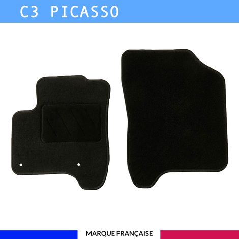 Tapis de sol voiture - Sur mesure pour  Citroen C3 PICASSO (09/2009-12/2016) - Antidérapant : Clips de fixations et scratch - Tapis de sol avant 2 pièces - Moquette - Noir
