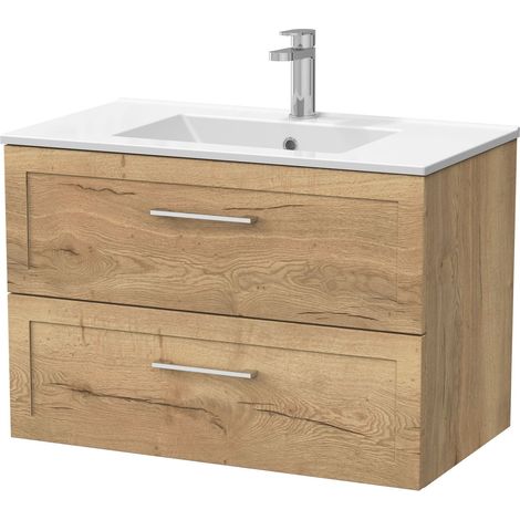 Stonnall Traditional Wall Hung 2 Drawers Vanity Unit with Minimalist Ceramic Basin, 800mm, Autumn Oak