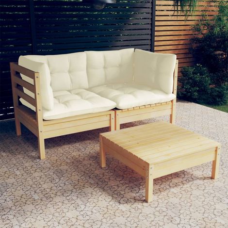 3-tlg. Garten-Lounge-Set mit Creme Kissen Kiefernholz (1/5)