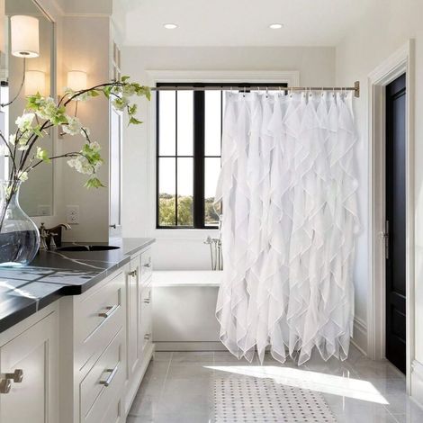 Rideau de douche plissé blanc à pompons, motif vagues, en polyester, 1 pièce, décoration de fenêtre de salle de bain (1/3)