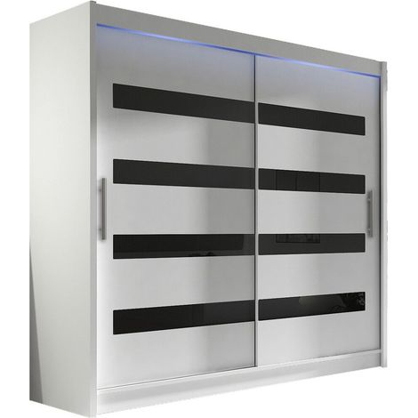 Armario Closico Pallor XI, Blanco + Negro brillante, 215x180x58cm, Puertas de armario: Correderas, Número de estantes: 5, LED (1/4)