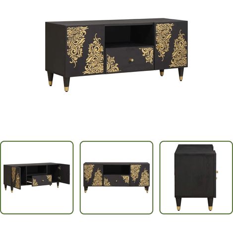 Rangement salon - Meuble TV Noir 105 x 33 x 46 cm Bois de mangue massif (1/5)