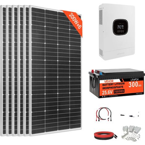 Kit solar completo Vevor de 1200 W y 24 V, 6 paneles solares monocristalinos de 200 W + batería LiFePO4 de 6 V y 300 Ah + kit inversor híbrido de 24 V y 3600 W (1/2)