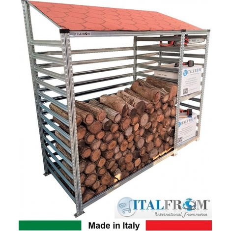 Legnaia Modulare ITALFROM� in Acciaio Zincato Autoportante - con 3 Ripiani Portaoggetti - Modulo Iniziale - cm L158(M1=60 + M2=98)xP60xH200 Tetto Verde (1/3)