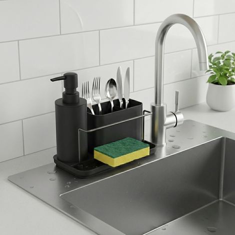 Rangement de cuisine - Organisateur de lavabo - Station de lavage compacte avec porte-savon et égouttoir - 1 pièce - Pour cuisine et salle de bain - Noir (1/5)