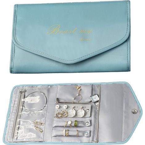 1 étui à bijoux pliable, organisateur de bijoux, fermeture éclair et boucle, rangement anti-nœuds, pour voyage et cadeau (1/5)