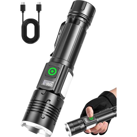 Linterna de alto rendimiento, recargable, de 5000 lúmenes con cierre magnético, linterna brillante con 9 modos de luz, luz lateral COB, linterna táctica para acampar, hacer senderismo y pasear al perr