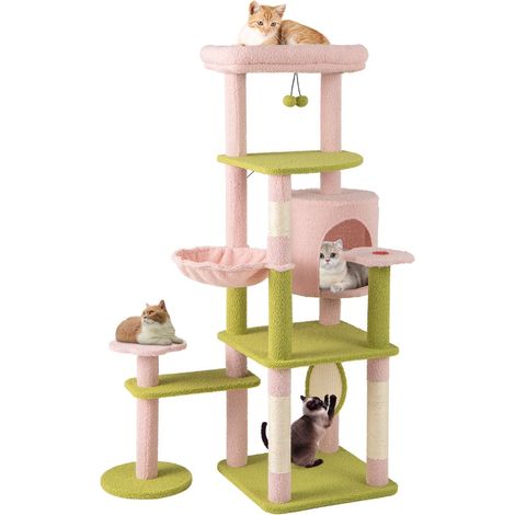 Albero per gatti alto torre a più livelli con piattaforma superiore imbottita, Albero per gatti e pannello Rosa+Verde (1/3)
