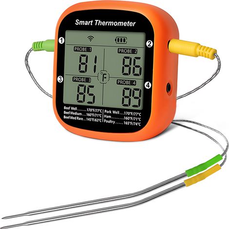 Intelligentes digitales Thermometer mit zwei Sonden für Grillgeräte, App-Funktion und Alarm – ABS & Edelstahl, 76 x 84 x 39 mm, Orange