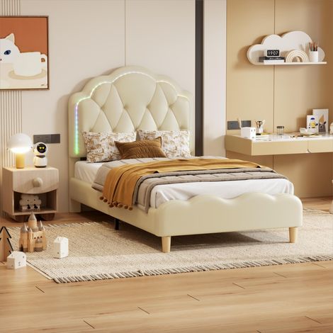 Lit enfant Lit capitonné 90 x 200 cm aevc tête de lit ondulée, barres de traction, bande lumineuse LED, sommier à lattes en bois, PU, ​​​​blanc