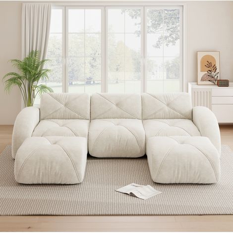 Canapé modulable en U 3 places sans cadre, avec 2 poufs, chenille beige clair, 281 x 171 x 76 cm (1/5)