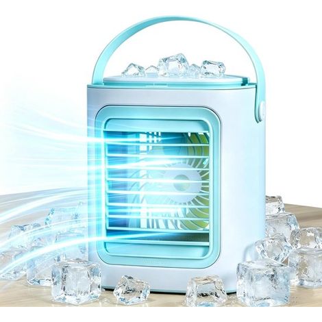 Mini condizionatore portatile con comandi touch, illuminazione ambientale, ventola a 3 velocità e 2 vaschette per il ghiaccio (bianco/blu). (1/5)