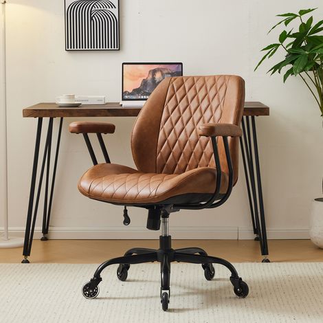 Silla de oficina 56x58x33 cm de cuero marrón, respaldo regulable, cómoda - MEUBLIV (1/5)