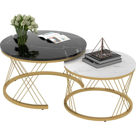 Table basse gigogne ronde effet marbre, set de 2 en MDF avec structure métal noire, pour salon et petits espaces  CHICFURN (1/5)