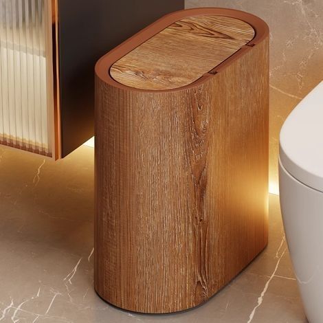 Poubelle étroite pour salle de bain Couleur noyer Plastique étanche 900g Conçue pour espaces confinés Couvercle à pression (1/5)