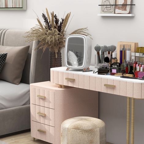 Kleiner Kosmetikkühlschrank mit 6 Litern Fassungsvermögen, Spiegeltür und verstellbarer LED-Beleuchtung, 24,3 x 19,4 x 35,6 cm, Weiß