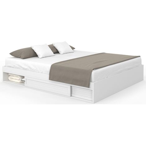 Idmarket – Cadre de lit double avec rangements – 180 x 200 cm blanc – 2 tiroirs coulissants – Sommier 22 lattes pour soutien optimal