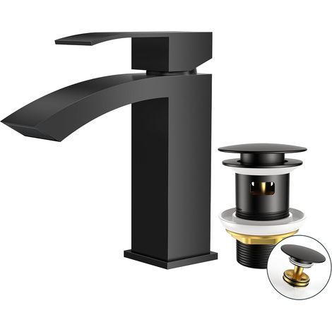 Robinet Salle de Bain Noir avec Bonde de Vidage, Mitigeur Lavabo Cascade Monocommande, Eau Chaude et Froide, Hauteur de Bec 100 mm, Design Bec à Grille et Économiseur d’Eau (1/5)