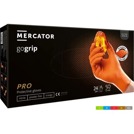 GUANTES DE NITRILO GRUESOS Y RESISTENTES MERCATOR GOGRIP NARANJAS, TALLA L, 50 UNIDADES