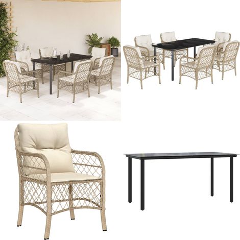 7-tlg. Garten-Essgruppe mit Kissen Beige Poly Rattan - Gartenessgruppe - Gartenstuhl (1/5)