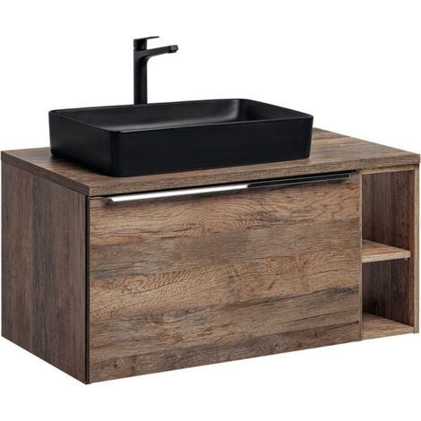 Badezimmer-Set VANTA Eiche: Unterschrank 100cm + Waschtischplatte + 1 aufsatzbecken in Schwarz