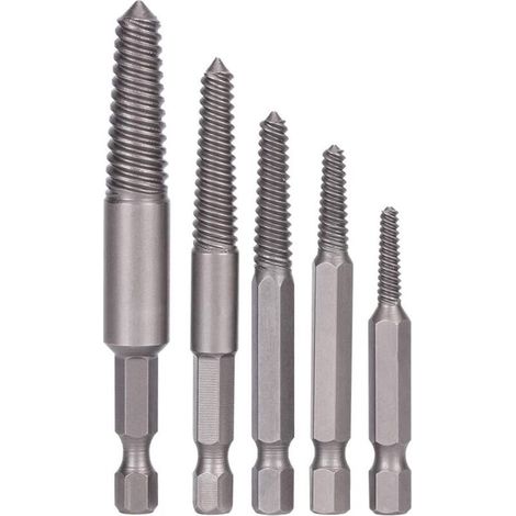 5-Piece Broken Screw Extractor Set, Stripped and Damaged Screw Extractor Set, Fine Teeth with Hex Shank, Damaged Bolt Removal Tool, Easy Removal Kit (1/4)