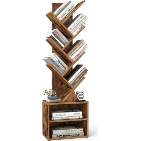 Bibliothèque Arbre, Bibliothèque Moderne sur Pied, pour Chambre, Salon, Bureau, avec 2 Compartiments Ouverts, 20,3 x 38 x 123,2 cm, Marron Rustique LBC607KD01 (1/5)